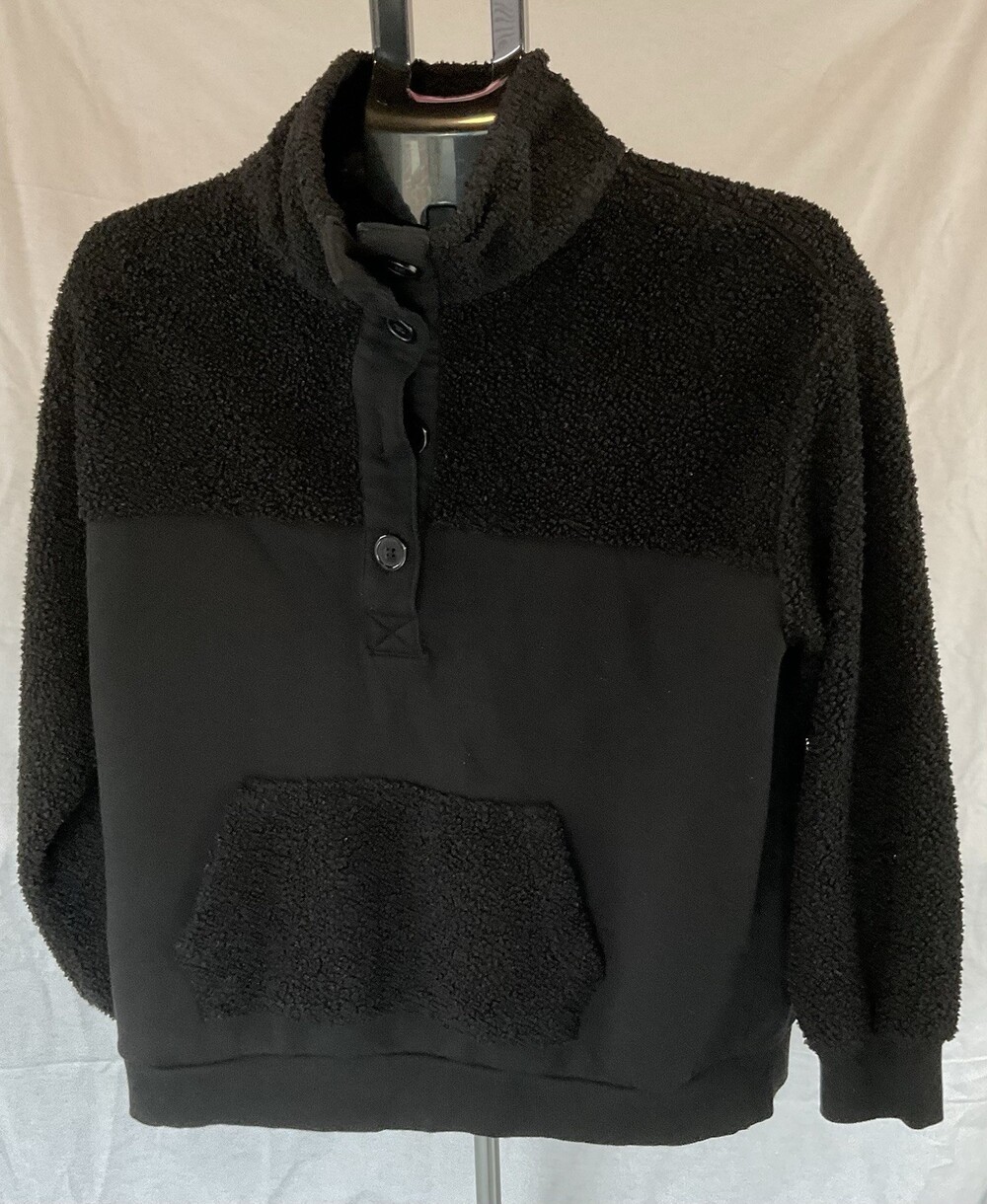 Time And Tru Black 1/2 Button Down, Sherpa Sweatshirt, Size Large, Women’s